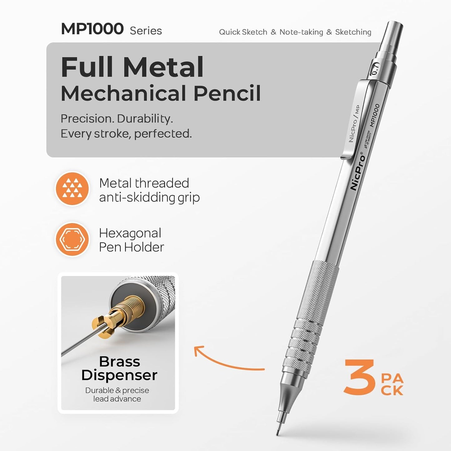 Nicpro 0.5 mm Mechanical Pencils Set with Case, 3 Metal Artist Pencil With 480PCS HB Lead Refills, 3 Erasers,9 Eraser Refills For Architect Art Writing Drafting, Drawing, Engineering, Sketching, Black