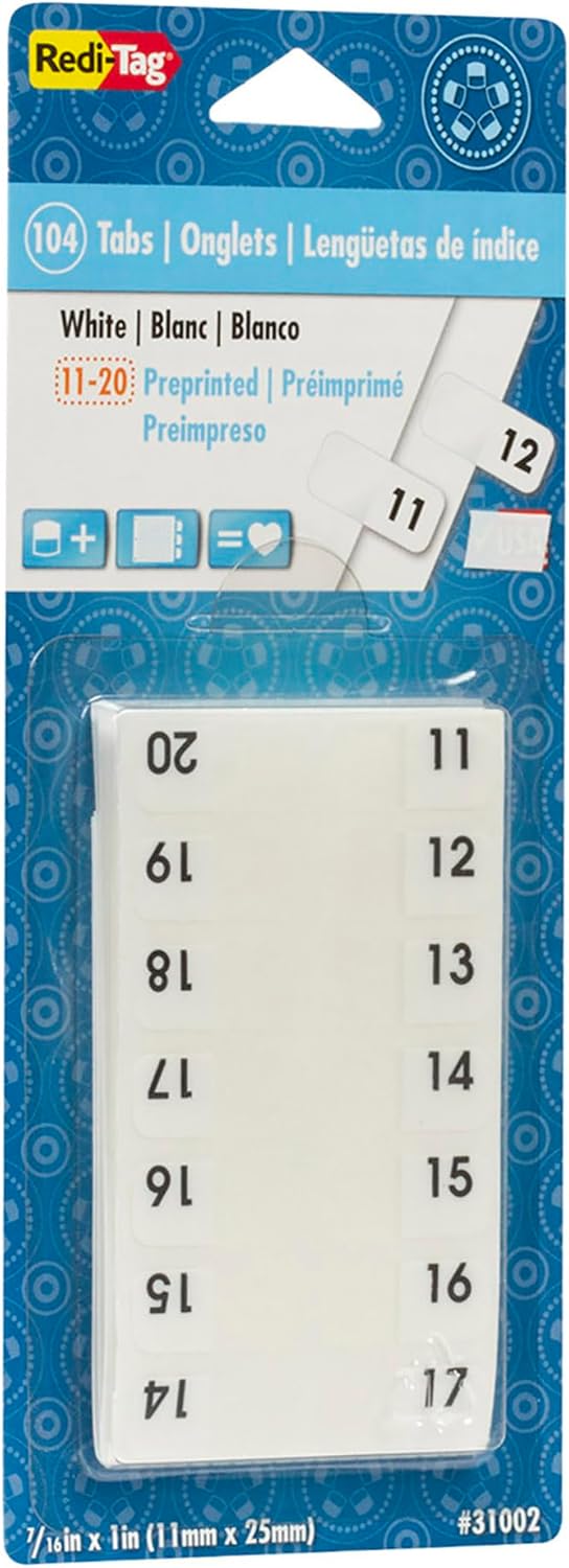 Redi-Tag Numbered Tabs, 11-20 Pre-Printed Divider Tabs, Permanent Adhesive Index Labels, 7/16" x 1", 104 Tabs Per Pack, (B31002)