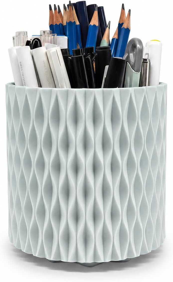 Lebenrich Rotating Pen Holder for Desk, 5 Slots Easthetic Pencil holder Desk Organizer Supplies and Accessories for Women Girls, Pencil Cup for Office Home Art Supply, White