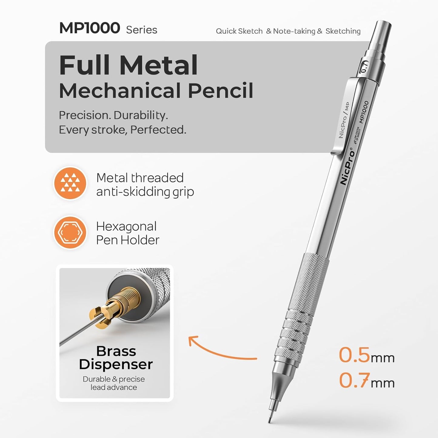 Nicpro 2 PCS Mechanical Pencils 0.5mm & 0.7 mm with Case, MP1000 Metal Artist Pencil Set with 4 Tubes HB Lead Refills, 2 Erasers, 9 Eraser Refills For Art Writing Drafting Drawing, Black & Silver