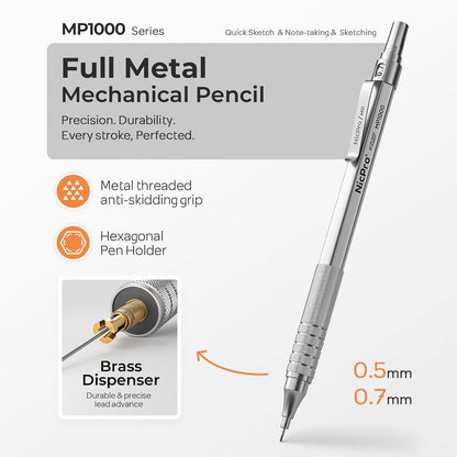 Nicpro 2 PCS Mechanical Pencils 0.5mm & 0.7 mm with Case, MP1000 Metal Artist Pencil Set with 4 Tubes HB Lead Refills, 2 Erasers, 9 Eraser Refills For Art Writing Drafting Drawing, Black & Silver