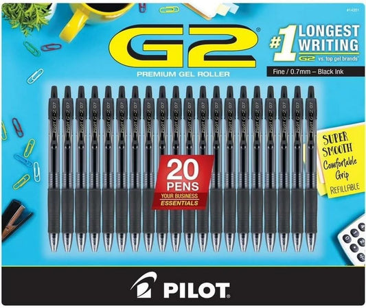 Pilot Pen G2 Black Premium Gel Ink Pens, Retractable And Refillable, Fine Point, 0.7mm, 20-Count