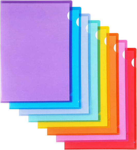 Tamaki 16 Pack Clear Plastic Folders Sleeves, Plastic Sleeves for Documents Transparent Paper Poly Jacket Sleeves Folders, 8 Assorted Colors