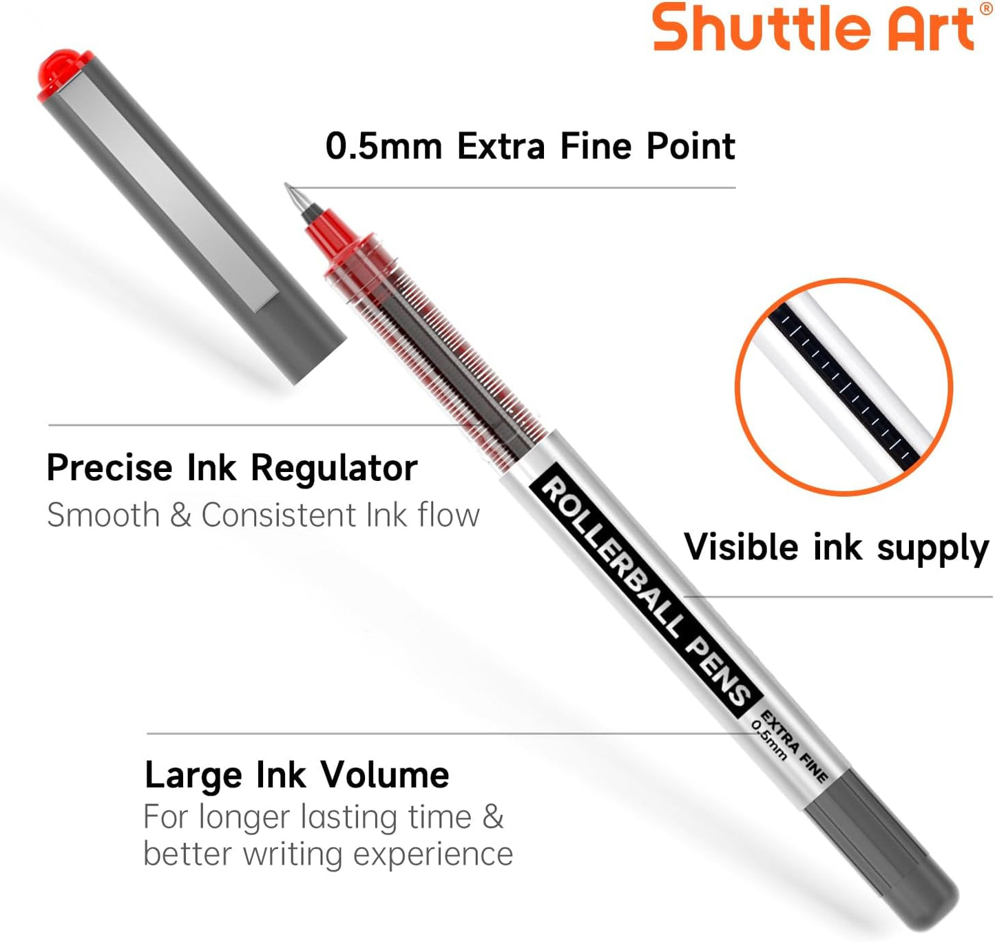 Shuttle Art RollerBall Pens, 25 Pack Black Fine Point Roller Ball Pens, 0.5mm Liquid Ink Pens for Writing Journaling Taking Notes School Office
