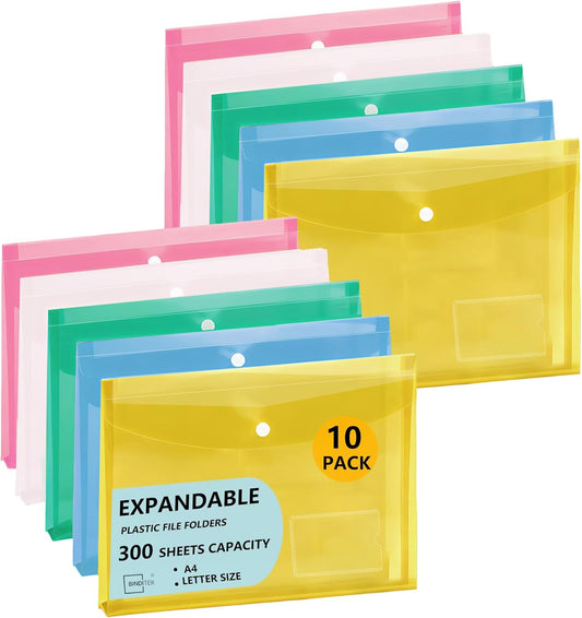 Binditek 10 Pack Plastic Envelopes with Snap Closure, Expandable File Folder with Label Pocket, Transparent, for Letter & A4 Size, for Home School Office Organization Storage, Assorted Color