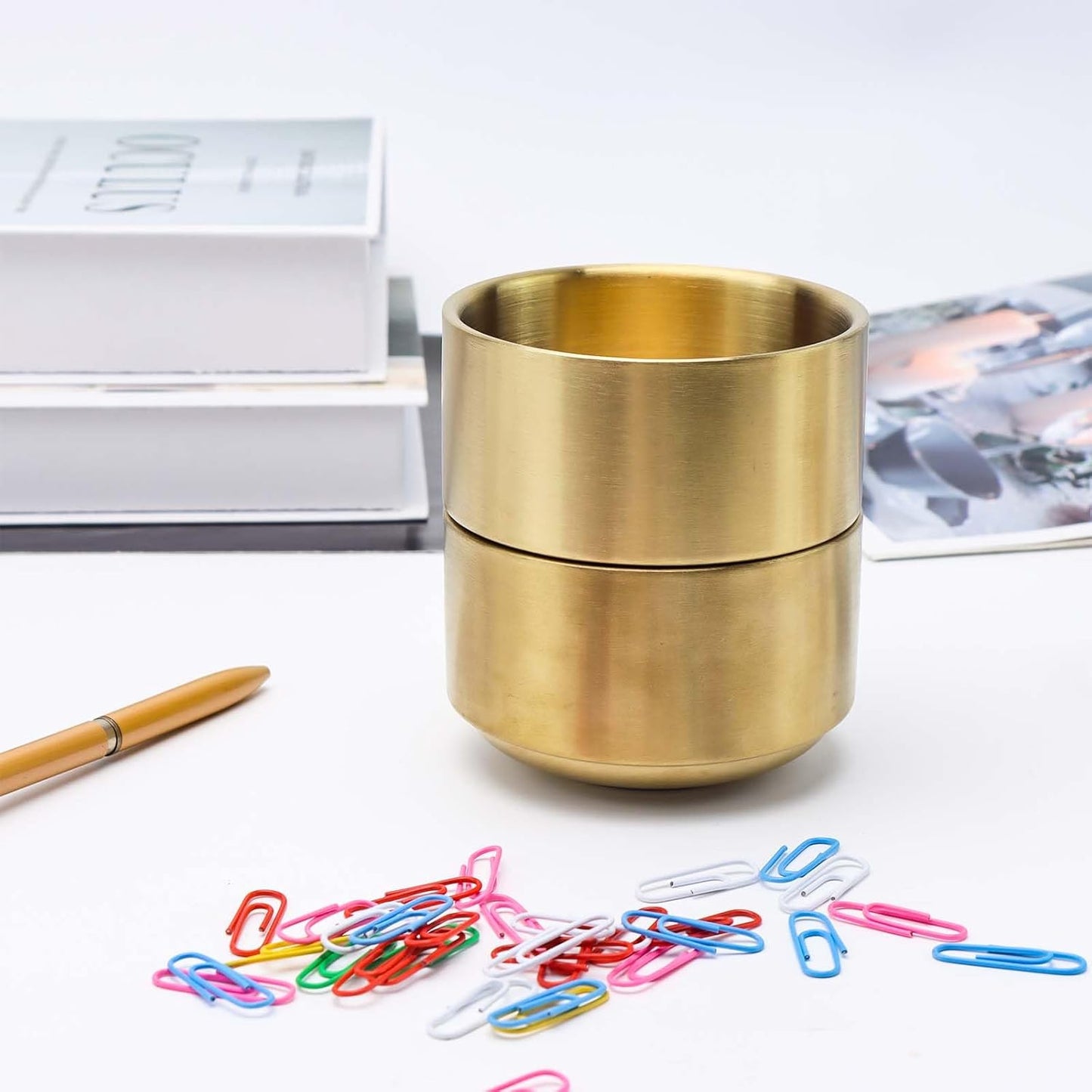 NatSumeBasics Gold Paper Clip Holder Cute Paper Clips Holder Round PaperClips Dispenser Elegant Desk Organizer Accessories Supplies (Gold)