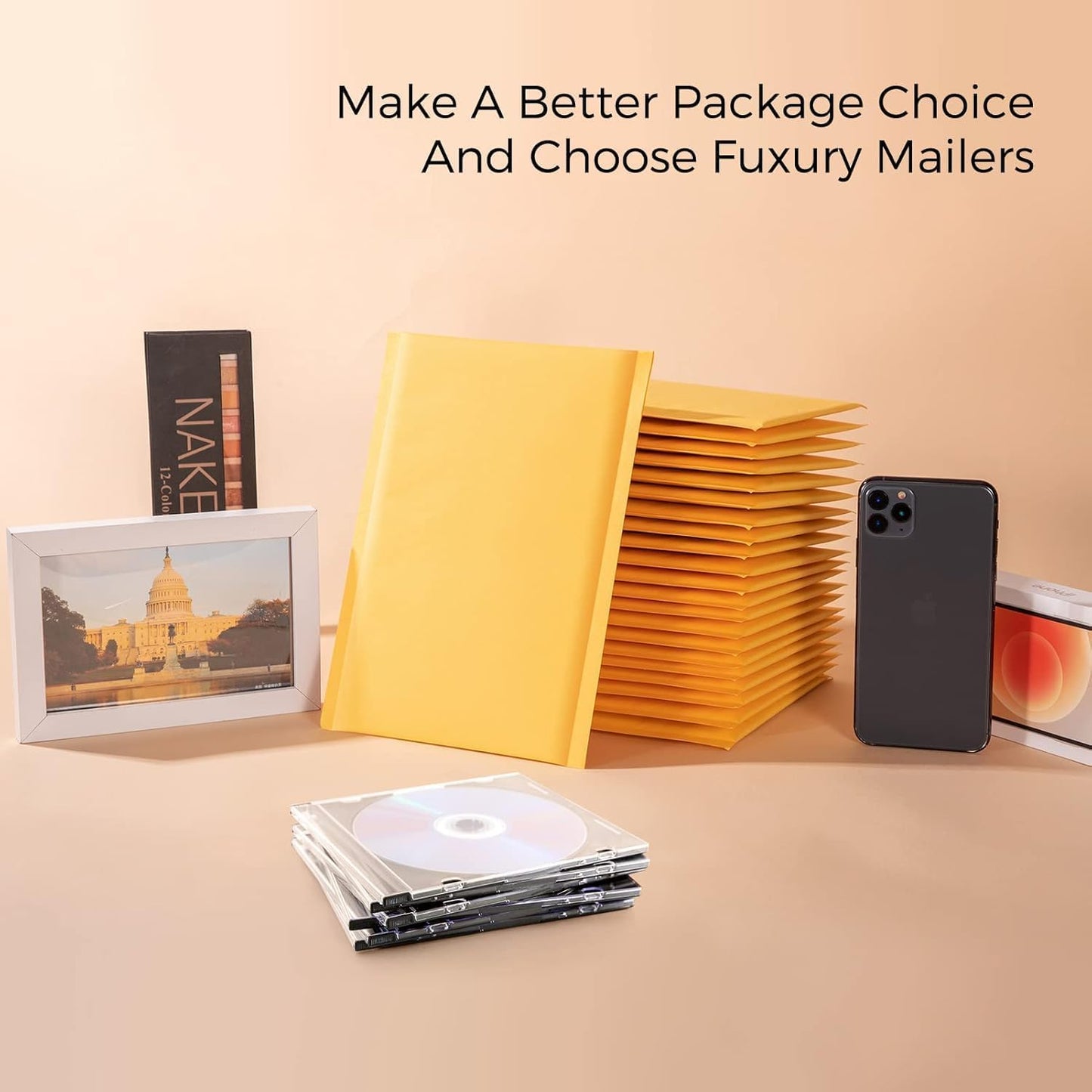 Fuxury Kraft Bubble Mailer 4x8” 50Pack Padded Envelopes Usable Size 4x7" Strong Adhesion Thick Bubble Envelopes Waterproof Cushioned Bubble Mailers Packaging for Small Business #000 Yellow