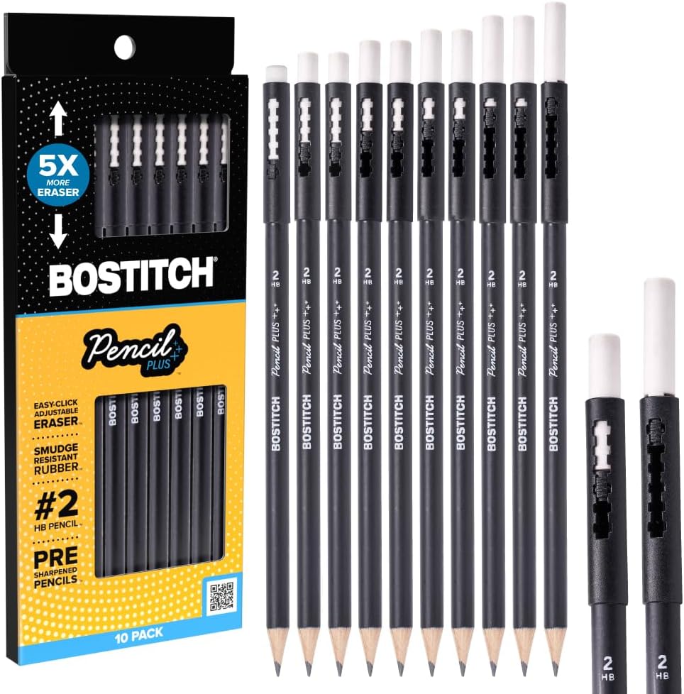 Bostitch, Wood-Cased Pencil Plus, Retractable Eraser, American Cedar Wood, #2 HB, Round, Matte Black, Pre-sharpened, Six Pack
