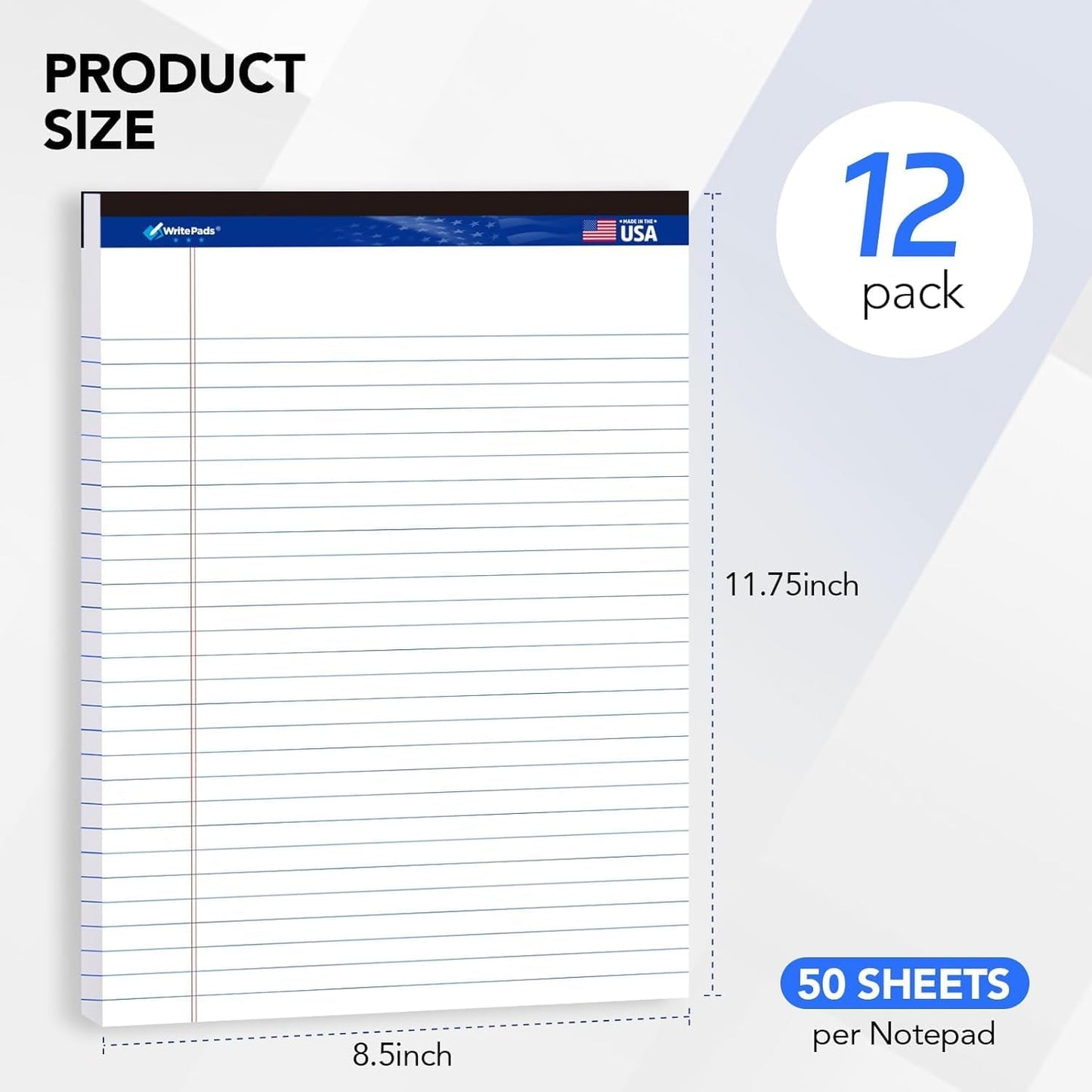 6 Pack Legal Note Pads Wide Ruled 8.5" x 11" Writing Pads (50 Sheets/Pad) White Recycled Paper Micro-Perforated Notepad Hard Back Notepads for Office & School Supplies - Made in USA