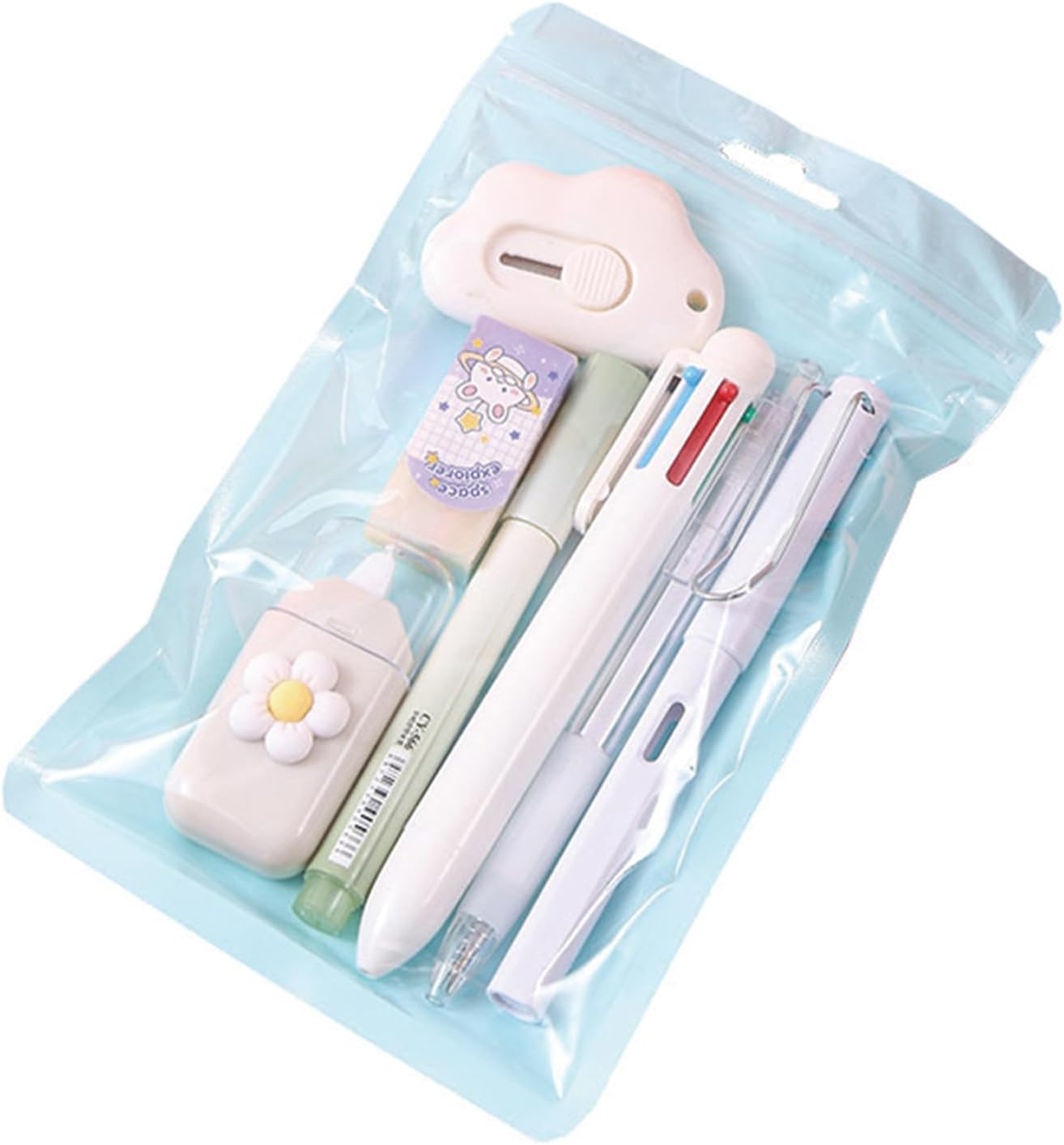 7 Pcs Cute Blue Stationery Set Kawaii School Supplies Office Supplies Including Ballpoint Pens Pencil Sharpener Highlighter Correction Tape Ruler Utility Knife (Blue)