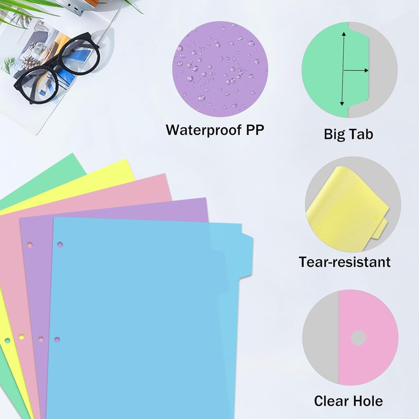 Cute 5 Tab Binder Dividers with Tabs, Write&Erase Plastic Dividers for 3 Ring Binder, Multicolor, Ring Binder Dividers with Tabs for School Office,6 Sets(30pcs)