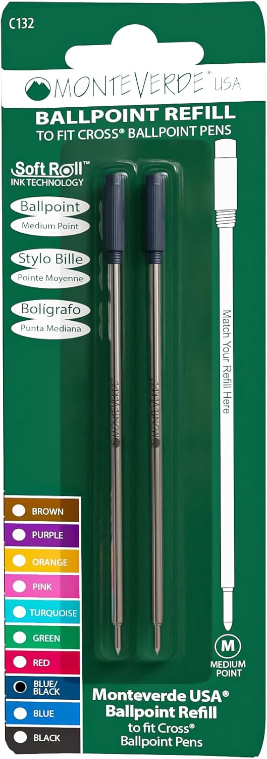 Monteverde USA Soft Ballpoint Refills to Fit Cross Pens, Medium Point, Blue/Black Ink, 2-Pack – Dual-Tone Ink for Professional Writing