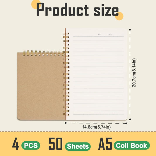 JIANTA Ruled Spiral Notebook, 4 Pack A5 Kraft Cover Wirebound Notebooks Bulk Journals, Memo Notepads Planner for Business Office School Travel, 100 Pages/50 Sheets
