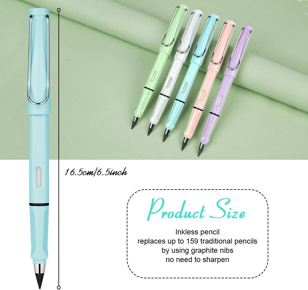 Ainiv Inkless Pencil with Eraser - 5 Sets Infinity Pencil, Reusable with Extra 5 Eraser & 5 Replaceable Nibs for Home, Office & School Writing, Drawing