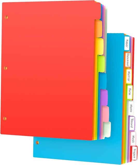8 Tab Binder Dividers Tabs, Plastic Dividers for 3 Ring Binder, 3-Hole Punched Index Dividers for Letter Size Paper, File Dividers for Office Home School Supplies, 2 Set, Pastel Color