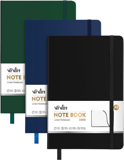ViVin Lined Journal Notebooks for Work, 192 Pages, Medium 5.5 x 8.3 inch, College Ruled, A5 Hardcover Journaling Notebooks for Writing, 8 Pack Bulk,Black