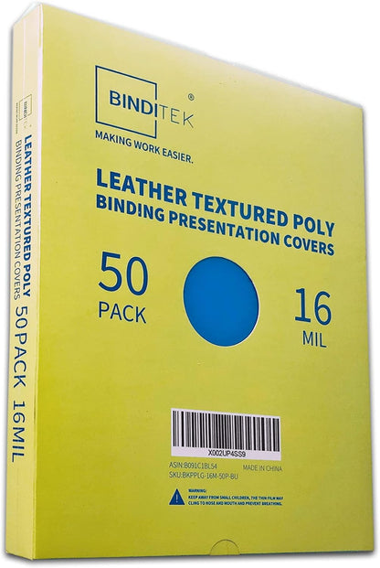 Binditek 100 Pack 16 Mil Leather-Textured Heavyduty Polycovers, Plastic Binding Presentation Covers, Letter Size, 8-1/2 x 11", Square Corners, Un-Punched, Black