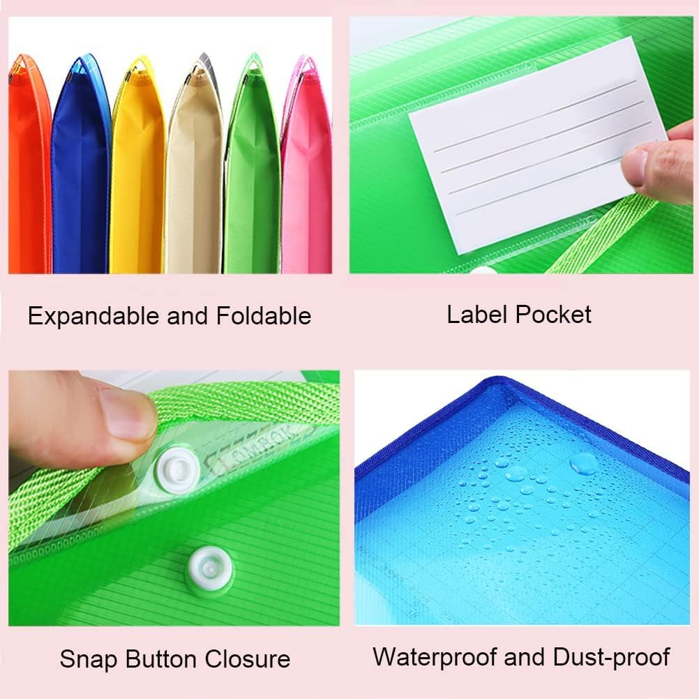 Plastic File Folder, 9 Pcs Large-Capacity Poly Envelope Expanding Wallet Document Folder Letter Size A4 Accordion File Pouch with Label Pocket, Snap Button for School Home Work Office Organization