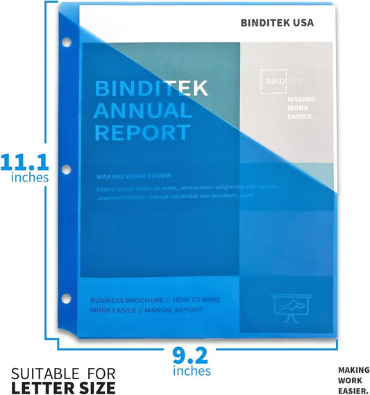 Binditek 10 Pack Poly Slash File Jackets for 3 Ring Binder, 3-Hole Punched Binder Pockets Organizer, Letter Size, 5 Assorted Colors, for Students and Coworkers