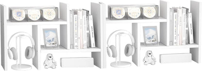 Jerry & Maggie Desktop Organizer Office Storage Rack Adjustable Wood Display Shelf Free Style Double H, Multi-Functional Mini Bookshelf for Desk Natural Stand (White)