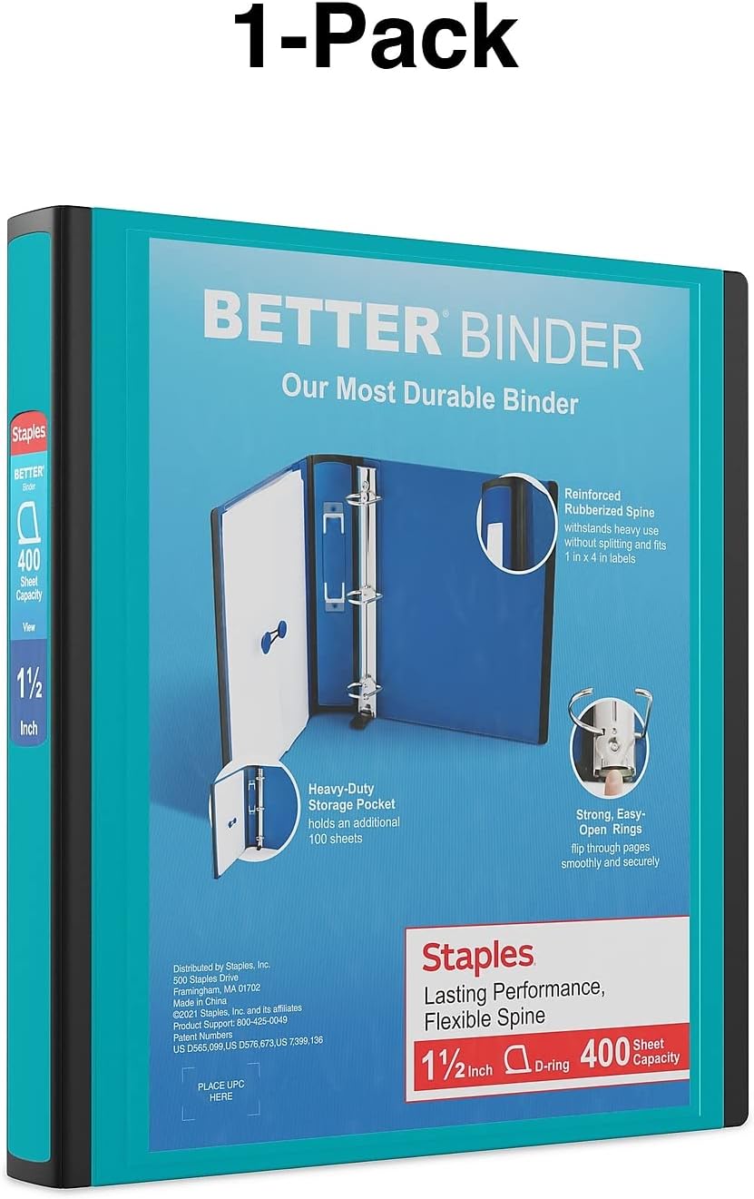 Staples Better Binder 2-Inch D-Ring View Binder, Reinforced Spine, Holds Up to 540 Sheets, Teal, for Office & School