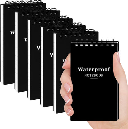 wavamawa 6 Pack Waterproof Notebook, 3x5 Pocket Notepad, Small Top Spiral Stone-Paper Notepad, Mini Pocket Notebook, Little Memo Note Pads for Outdoor, Office, School, Travel (Black)