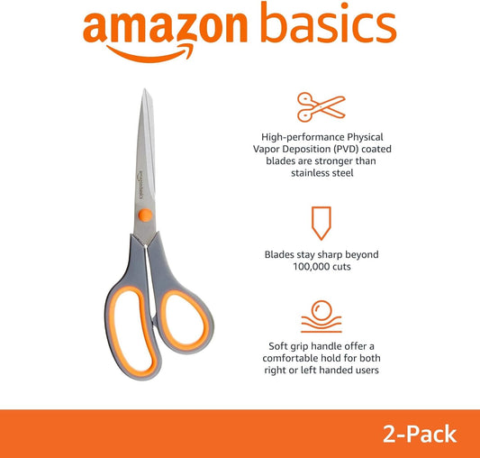 Amazon Basics Multipurpose Stainless Steel Scissors for Office, Crafts, Right/Left Handed, Comfort Grip, PVD Coated, 3-Pack, Multicolor