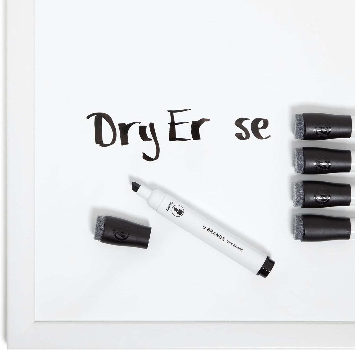 U Brands Fine Tip Dry Erase Markers with Eraser, Whiteboard Markers with Chisel tip, Low Odor, Black, Set of 5