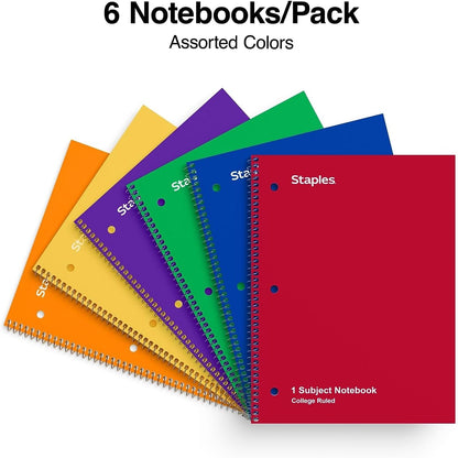 STAPLES 1‑Subject Spiral Notebook, 8” x 10.5”, College Ruled, 70 Sheets, Assorted Colors, 6‑Pack