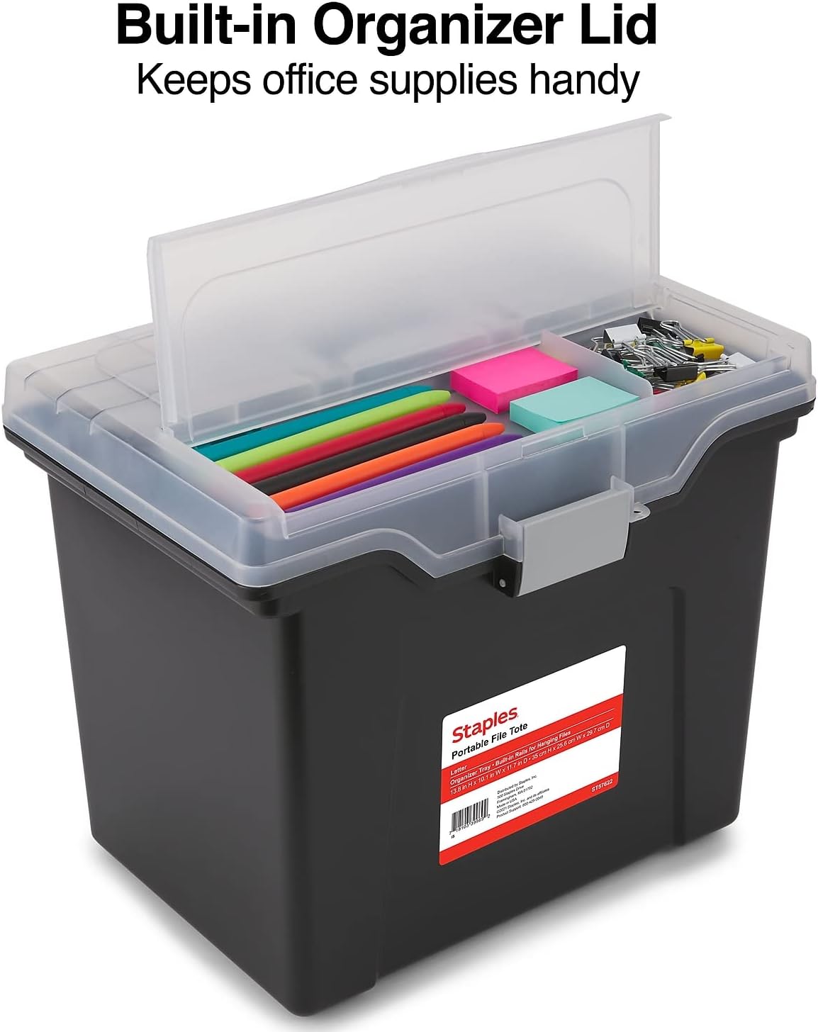 STAPLES File Folder Tote, Portable Filing Box for Letter SIze Hanging Folders, Security Latch & Built-In Lid Organizer, Black/Clear
