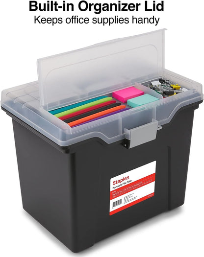 STAPLES File Folder Tote, Portable Filing Box for Letter SIze Hanging Folders, Security Latch & Built-In Lid Organizer, Black/Clear