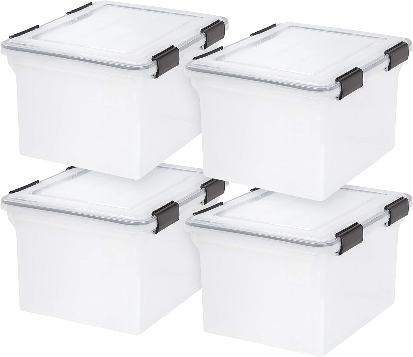 IRIS USA File Box, File Organizer w/Hinged Split Lid for Letter File, Important Document Box, Plastic Storage Filing Bin for Moving, Stackable Nestable Portable, Pearl 44 Qt. 4 Pack