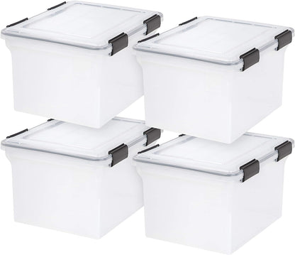 IRIS USA File Box, File Organizer w/Hinged Split Lid for Letter File, Important Document Box, Plastic Storage Filing Bin for Moving, Stackable Nestable Portable, Pearl 44 Qt. 4 Pack