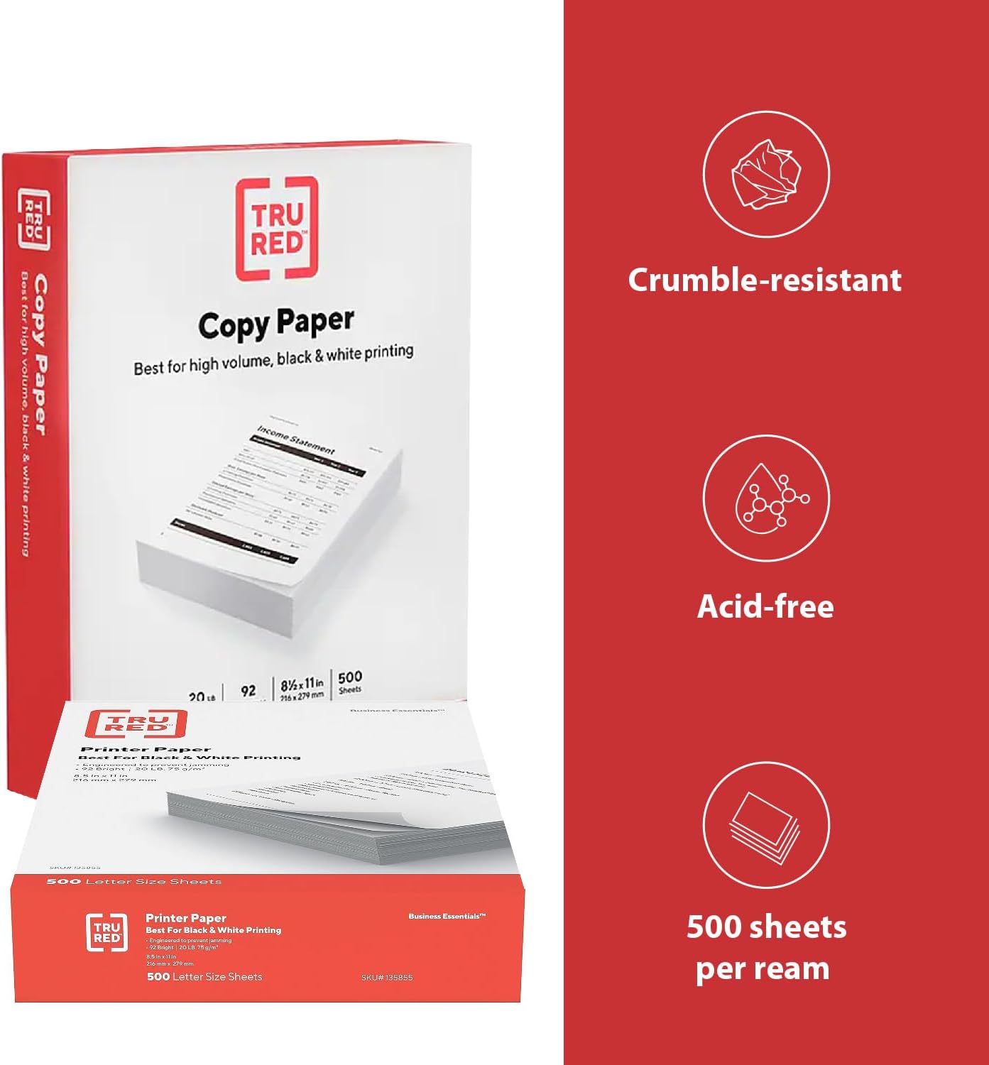 TRU RED 8.5x11 Copy Paper 20 lb. 92-Bright 5000 Sheets/Carton, For Office, School & Home