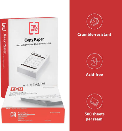 TRU RED 8.5x11 Copy Paper 20 lb. 92-Bright 5000 Sheets/Carton, For Office, School & Home