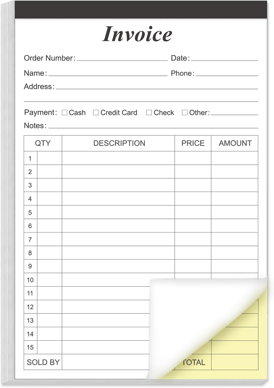 Invoice Receipt Book with Cardboard 2-Part Carbonless, 5.5" x 8.5" Order Forms, 50 Sheets Carbonless Sales Invoice Book for Small Business