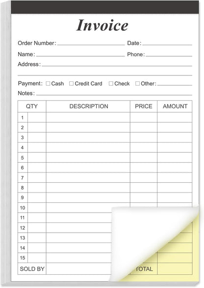 Invoice Receipt Book with Cardboard 2-Part Carbonless, 5.5" x 8.5" Order Forms, 50 Sheets Carbonless Sales Invoice Book for Small Business