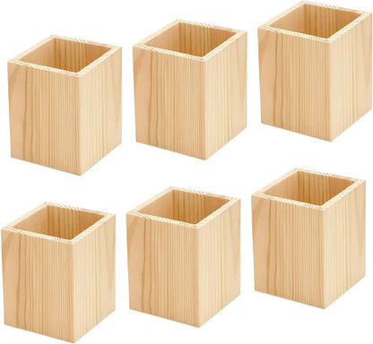 Cregugua 6 Pack Wood Pen hlolder Unfinished Wooden Pencil Holder for Homemade DIY Crafts (3"x3"x4")