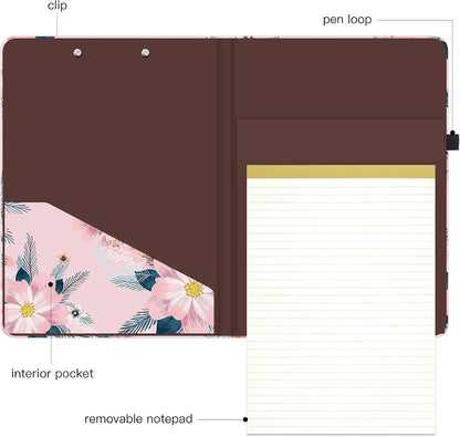 Hongri Clipboard Folio with Refillable Lined Notepad and Interior Storage Pocket for Students, Classroom, Office, Women, Man, Cute Custom Pattern, Size 12.8 x 9.2 in, Classic Flower