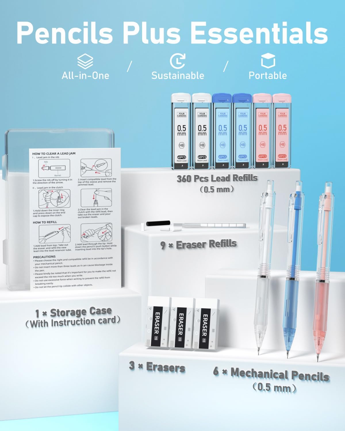 Four Candies Mechanical Pencil Set with Case, 6PCS Aesthetic Mechanical Pencils 0.5 & 0.7mm with 360PCS HB Lead Refills, 12PCS Erasers, Cute Mechanical Pencils for Writing, Drawing and Sketching
