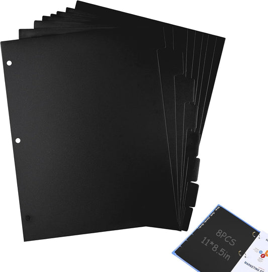 8Pcs 3 Ring Black Binder Dividers with 8 Tabs,A4 Sturdy Plastic Dividers Aesthetic Dividers for Binder,Insertable Black Binder for Office Homework Notebook Binder Page Supplies