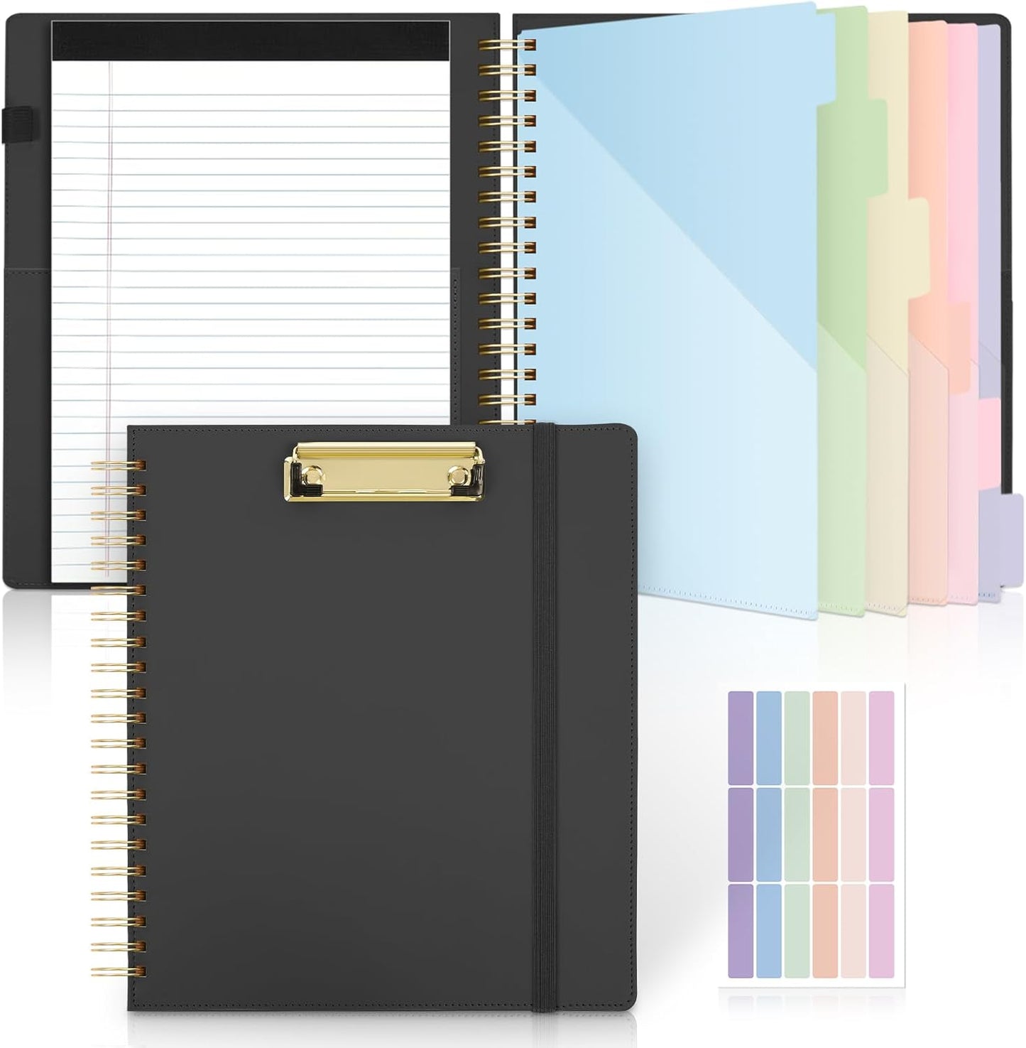 SKYDUE Clipboard Folder with Storage, 6 Dividers with 12 Pockets for Letter Size, Storage Clipboard Folio with Refillable Notepad, Spiral Clipboards Padfolio for Teacher Worker Nurse