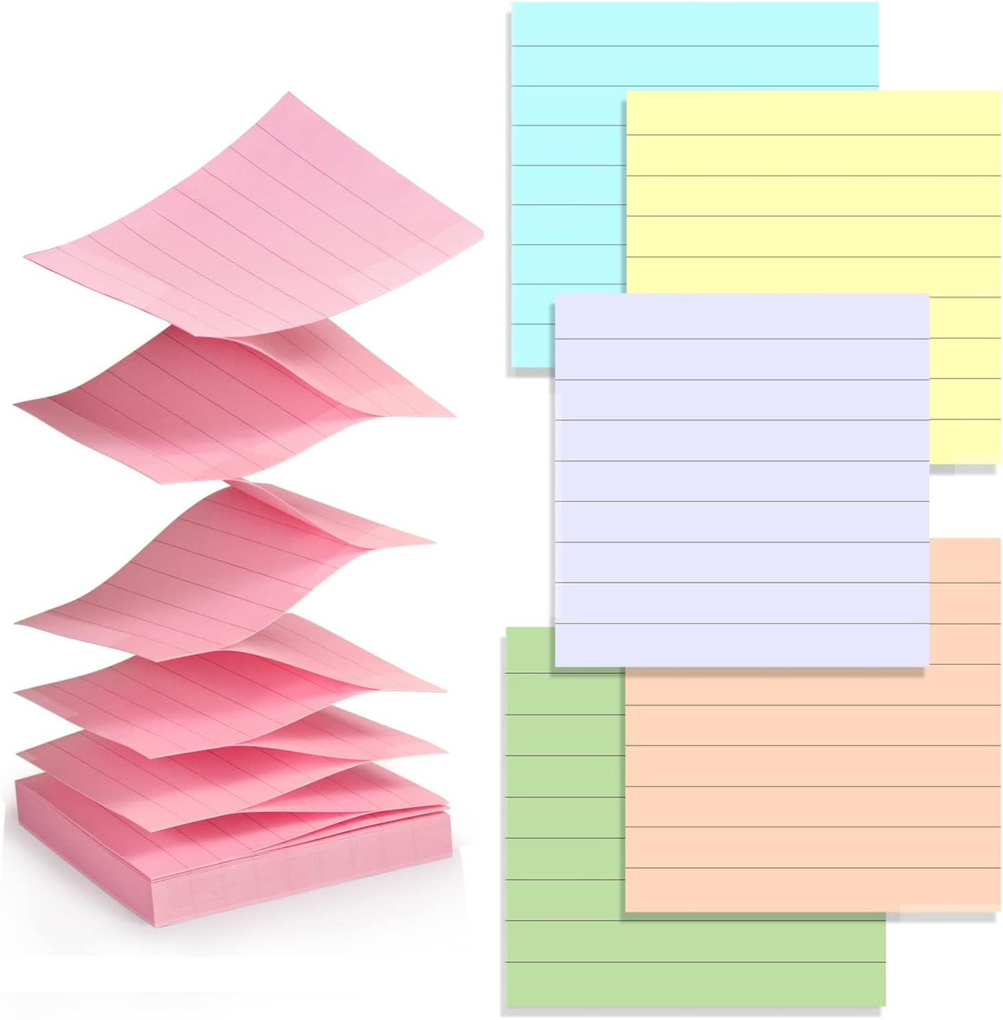 ZYTIN Pop Up Sticky Notes Lined 3x3 inch, Easy to Post Sticky Notes with Lines, 600 Sheet, Pink Purple Blue Yellow Green Orange Color, Office Accessories