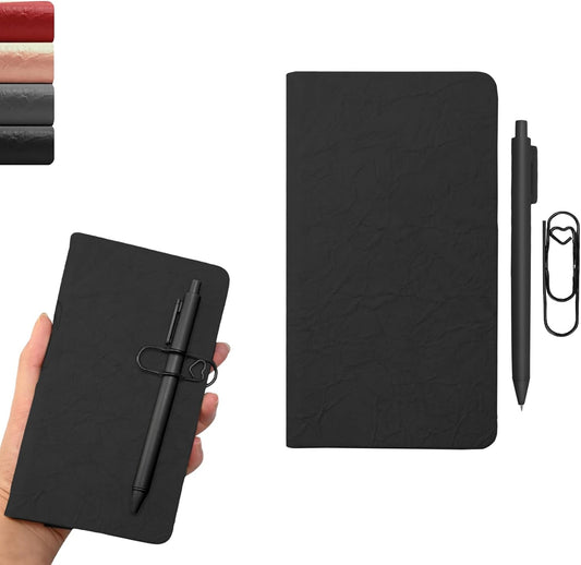 Lined Notebook Journal for Women & Man, 3.9" x 7.1" Hardcover Wrinkle Leather Notebook for Writing, 160 Pages A6 College Ruled Journal with Pen for Office School Business Home Supplies (Black)