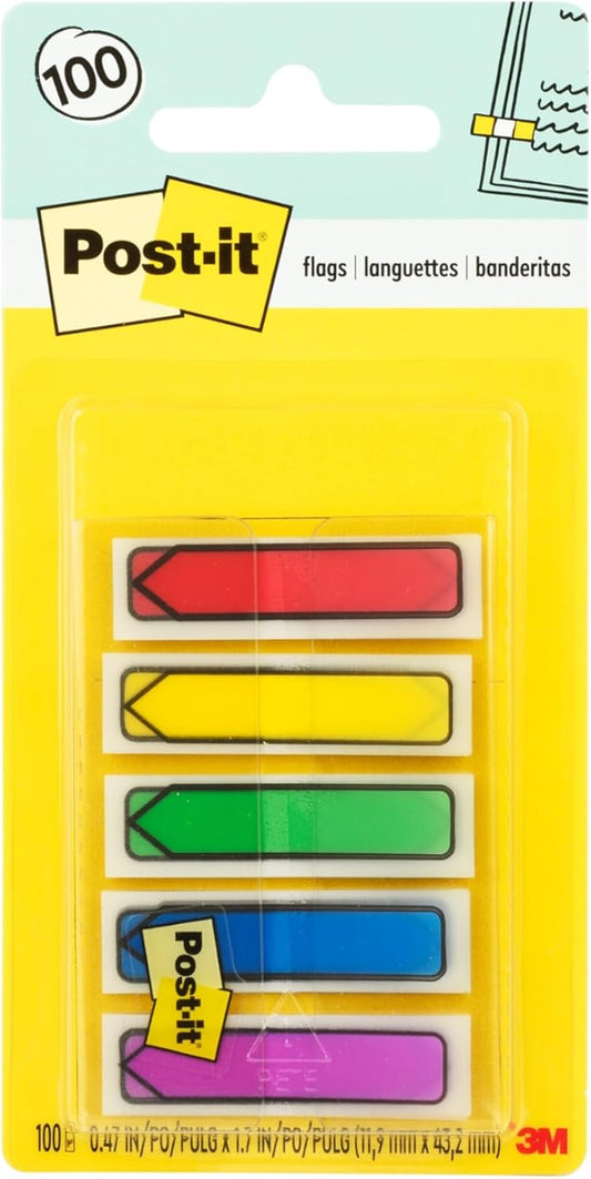 Post-it Arrow Flags, 0.47 in. x 1.7 in., One Dispenser With 100 -Count Assorted Primary Colors Sticky Tabs Per Dispenser, Removable Page Markers for Planners, Journals, and Calendars (100 Flags Total)