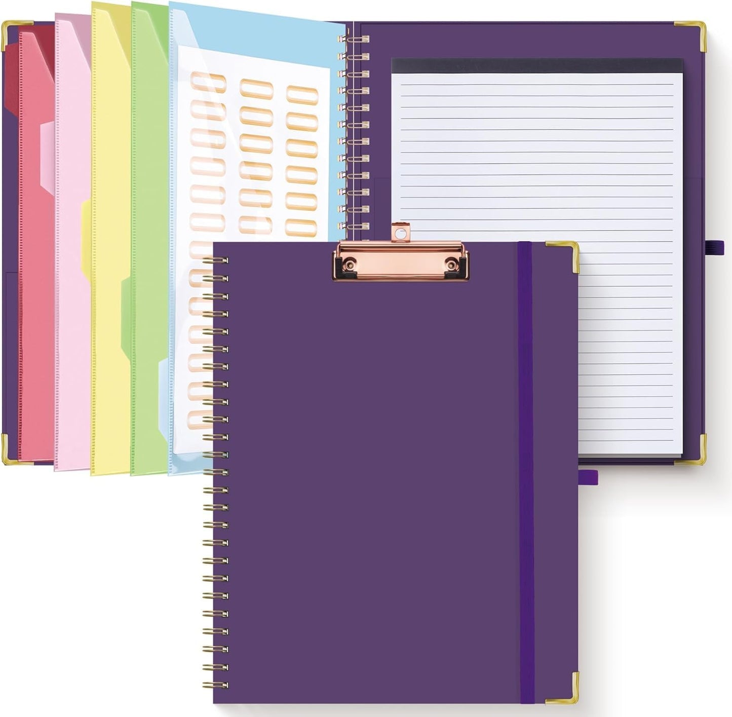 HAUTOCO Clipboard Folio with Refillable Notepad for Letter Size (11" x 8.5"), 5 Dividers with 10 Pockets, Elastic Pen Holder and File Folder Labels, Spiral Nurse Clipboard Artboard(Green)