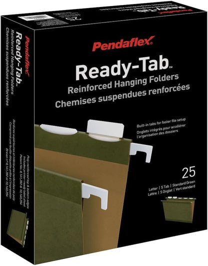 Pendaflex Ready-Tab Reinforced Hanging File Folders, Letter Size, Standard Green, 5 Tab, 25/BX (42590)