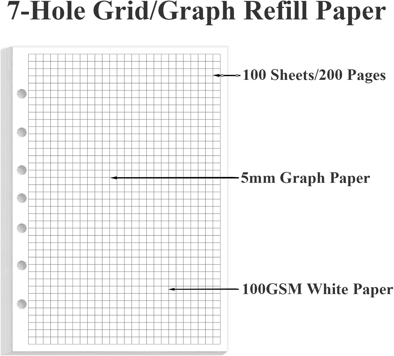 A5 Grid Refill Paper, 6-Hole Graph Paper, 100Sheets / 200Pages Loose-Leaf Grid Paper, 100gsm White Paper, 5.8" x 8.3 "