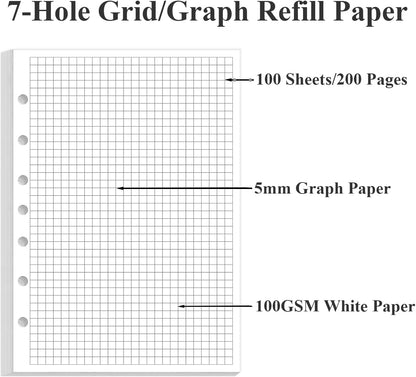A5 Grid Refill Paper, 6-Hole Graph Paper, 100Sheets / 200Pages Loose-Leaf Grid Paper, 100gsm White Paper, 5.8" x 8.3 "