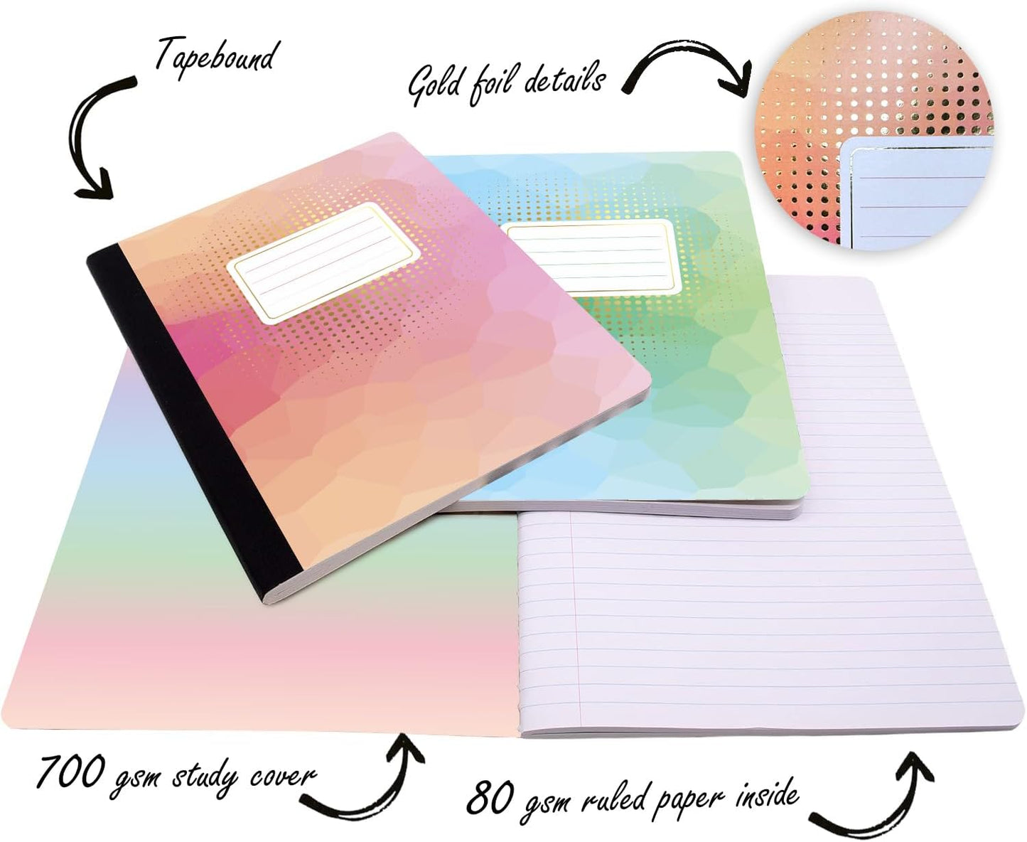 Jainzy Composition Notebooks, 3 Pack with 50 Motivational Stickers,College Ruled, 9.7 x 7.5 inches, 140 Pages, Gold Foil Details